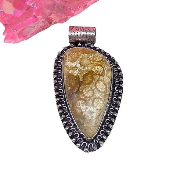 Fossil Coral Necklace Pendant 925 Sterling Silver Overlay Natural Stone Crystal
